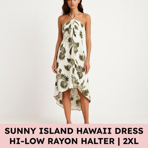 Sunny Island Hawaii Rayon Halter Dress High Low Tropical Palm Leaf 2XL Ivory